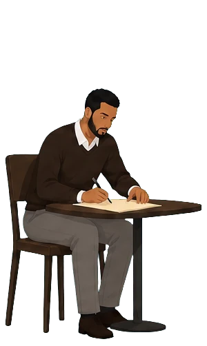 A team member writing at a table.