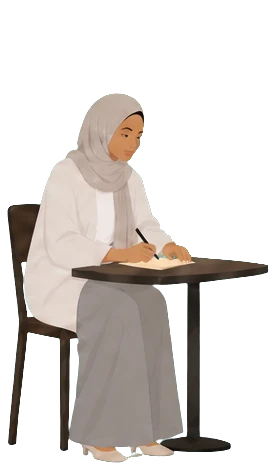 A team member in a hijab writing at a table.