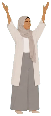 A team member in a hijab raising both arms, pleased with the result.