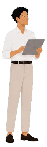 A recent graduate checking notes on a tablet.