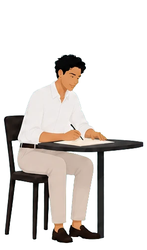 A recent graduate writing at a table.